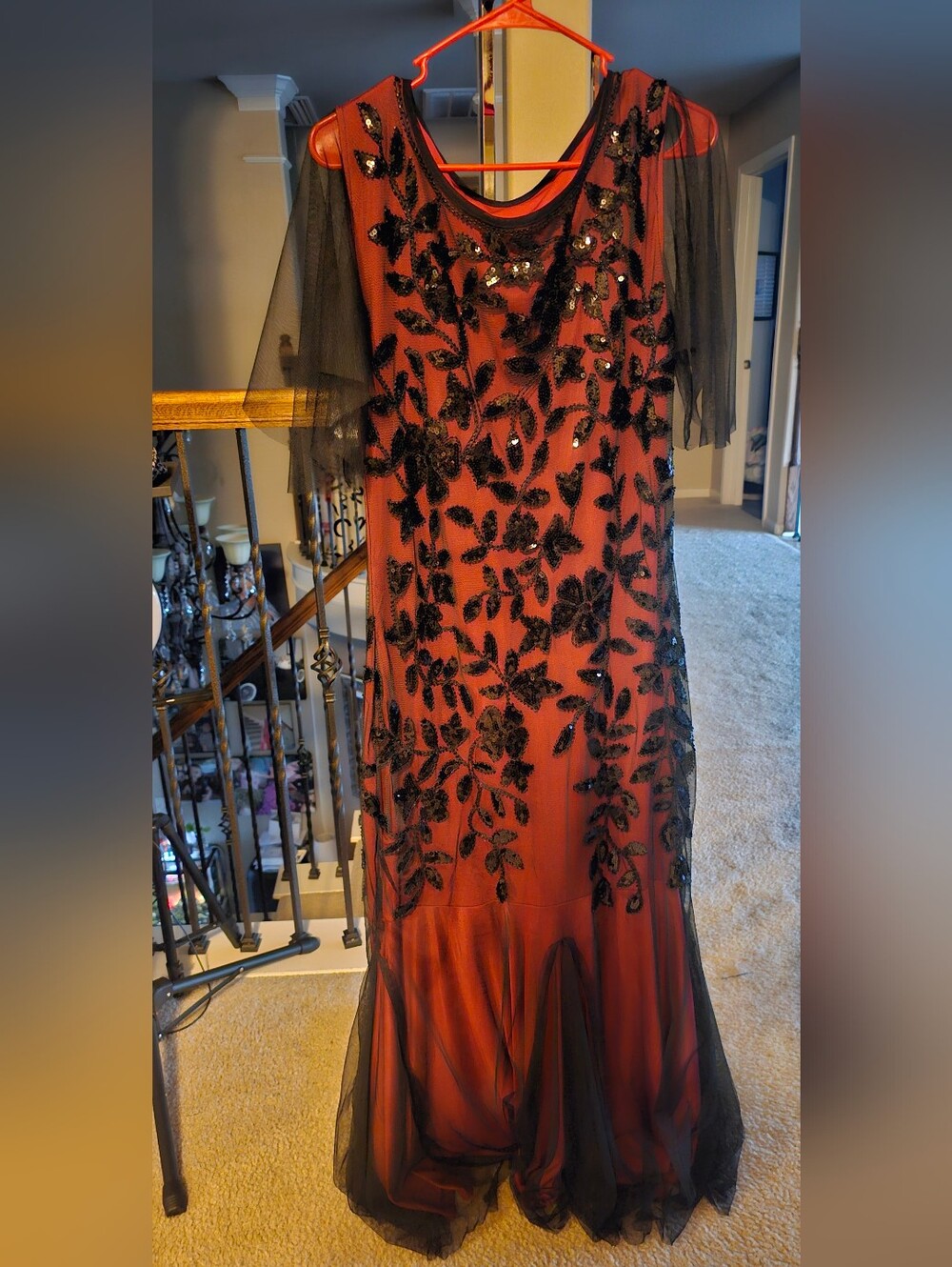 Black Sequin Floral Overlay Dress on Burgundy Base